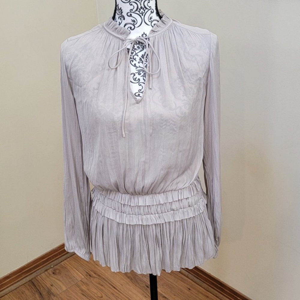 CURRENT AIR gray shirred-waist split-neck blouse SZ S